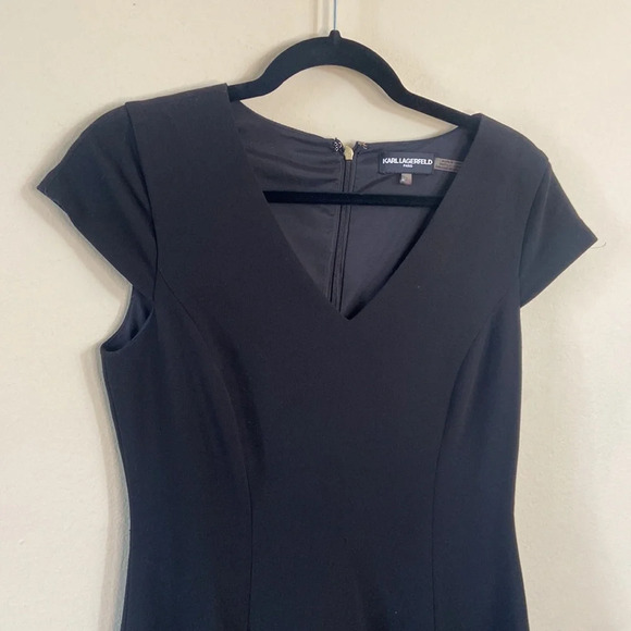 Karl Lagerfeld Little Black Dress 2 Flare Short V-Neck Cap Sleeve Designer Basic - Picture 2 of 5